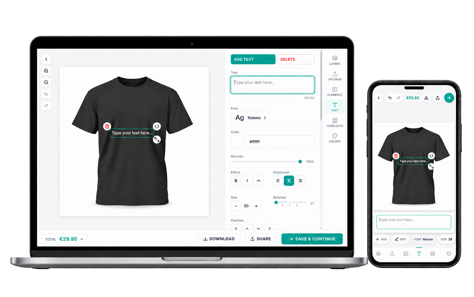 The Sigmira editor on laptop and phone: a t-shirt design with live text controls